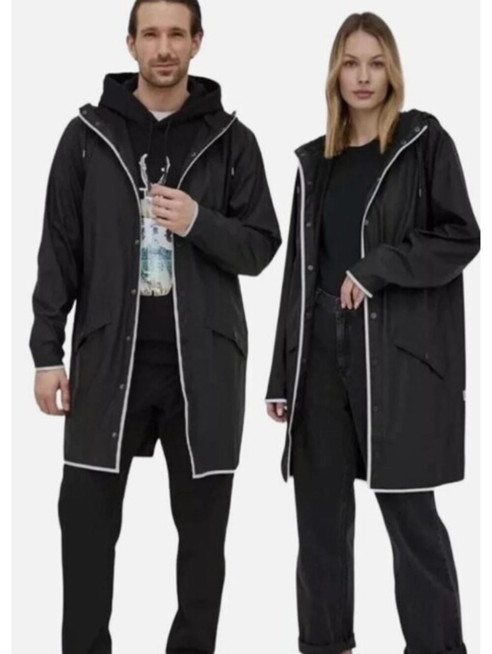 RAINS Long Jacket W3 Black Reflective Waterproof Hooded Unisex Rain Coat - XL
